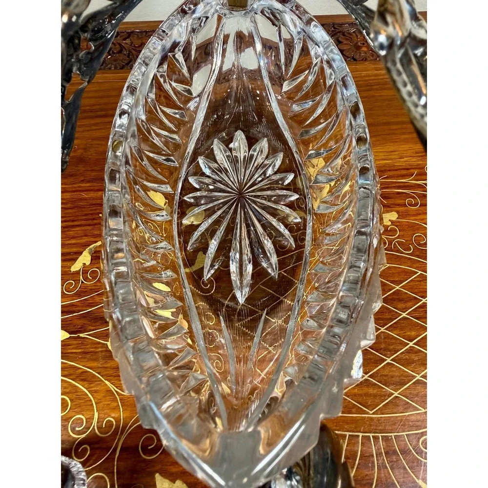 Vintage 3-Piece Crystal Swan Set Centerpiece Bowl with 2 Salt Cellars